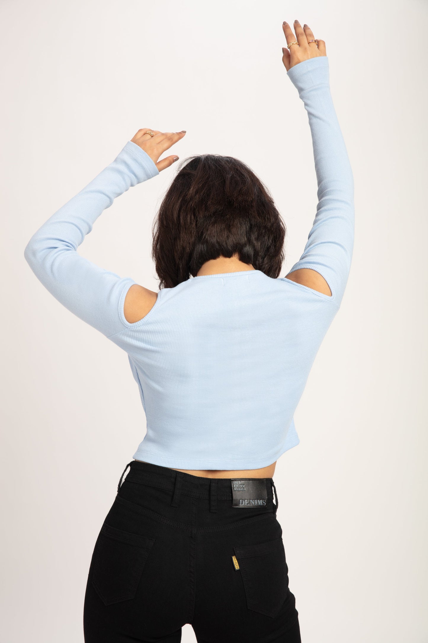 Sky Blue Fancy Shoulder Cut Out Long Sleeves Top