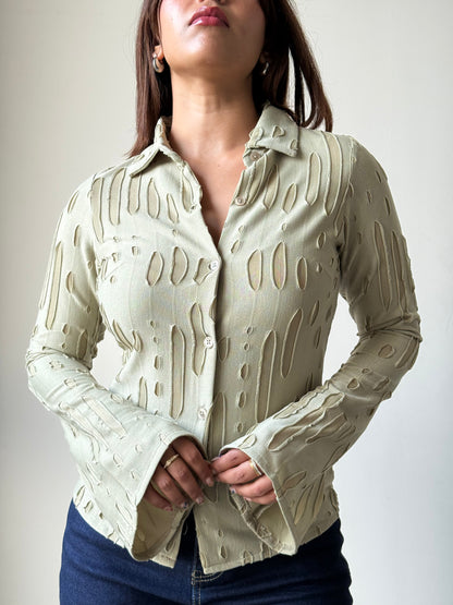 Distressed Fitted Flare Sleeve Shirt